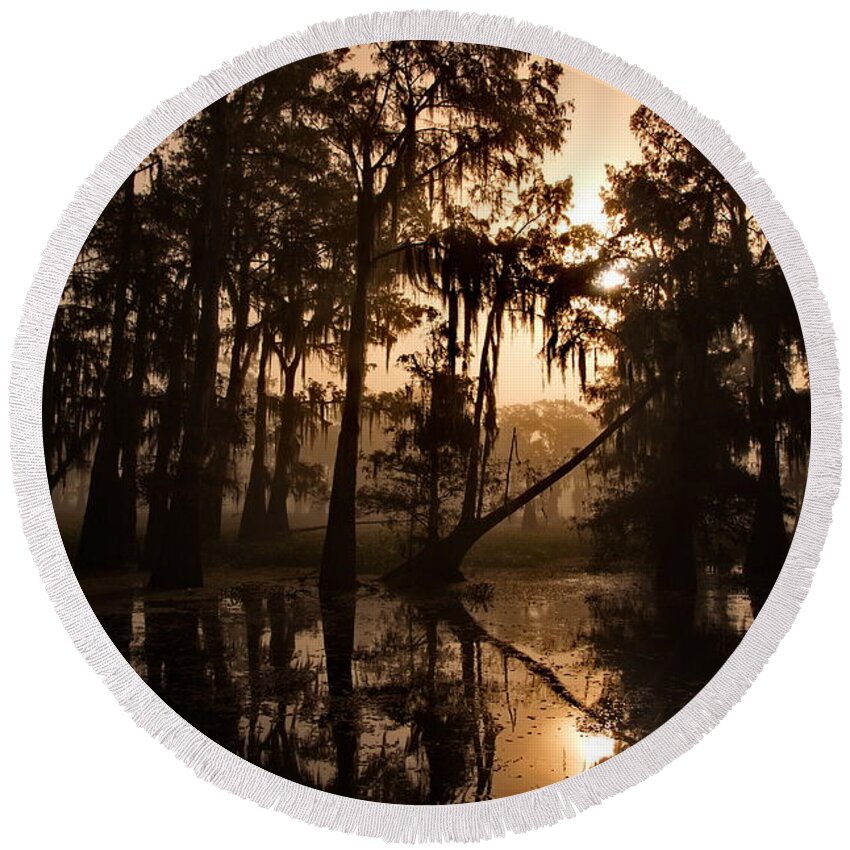 Louisiana Round Beach Towel featuring the photograph Cypress Sunrise by Ron Weathers