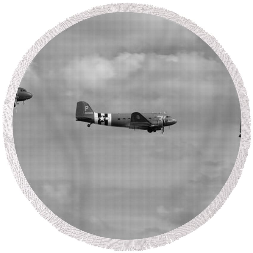 D-day Round Beach Towel featuring the photograph D-Day Skytrain trio black and white version by Gary Eason