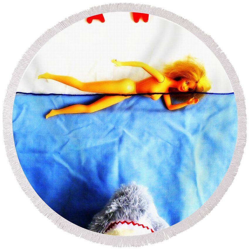 Jaws Shark Great White Barbie Toy Pillow Pet Bigger Boat Blood Water Spielberg Movie Horror Fish Sea Quint Round Beach Towel featuring the photograph Da dum...da dum... by Guy Pettingell