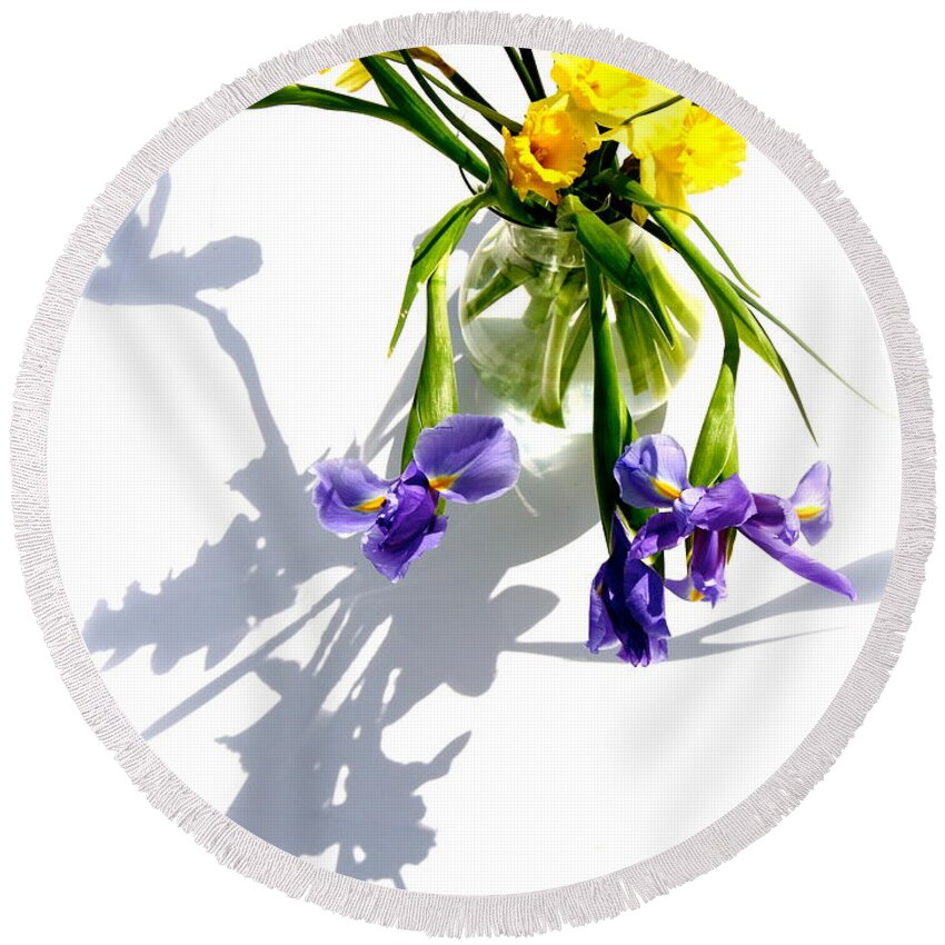 Best Photography Round Beach Towel featuring the photograph Daffodils and Iris by Tracy Male
