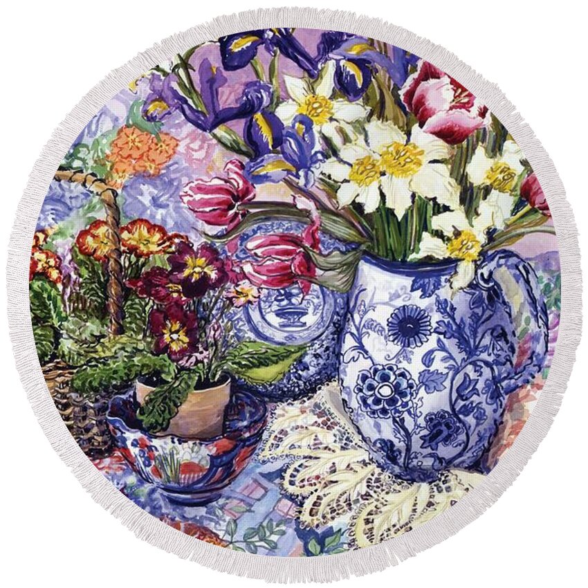 Daffodils Round Beach Towel featuring the painting Daffodils Tulips and Iris in a Jacobean Blue and White Jug with Sanderson Fabric and Primroses by Joan Thewsey