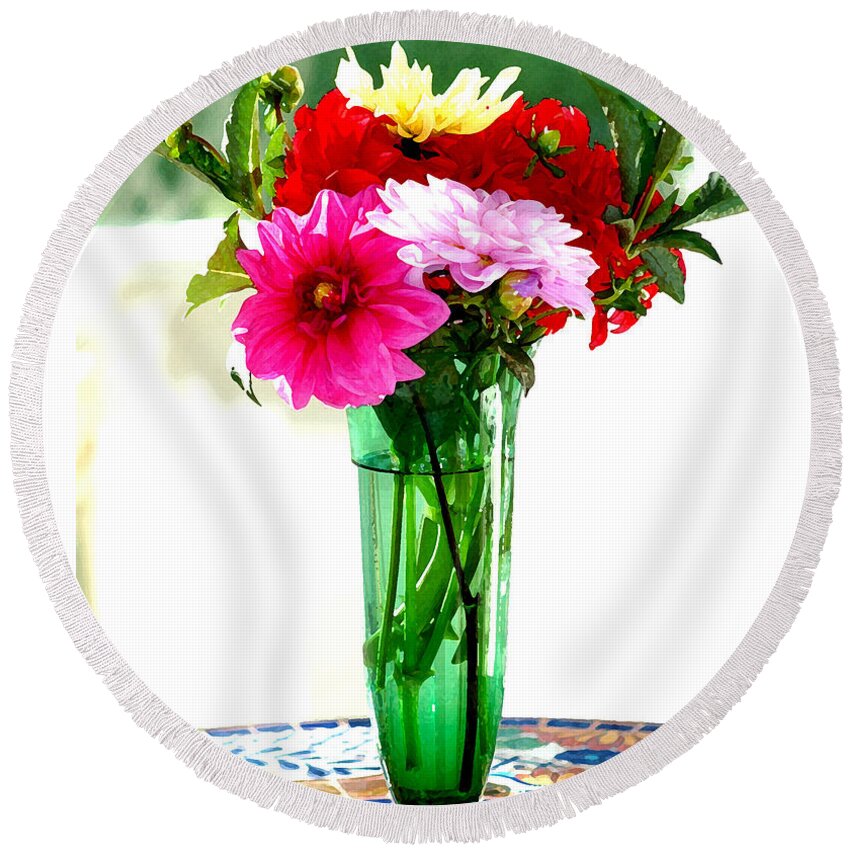 Flowers Round Beach Towel featuring the photograph Dahlias on a table in the sun by Lehua Pekelo-Stearns