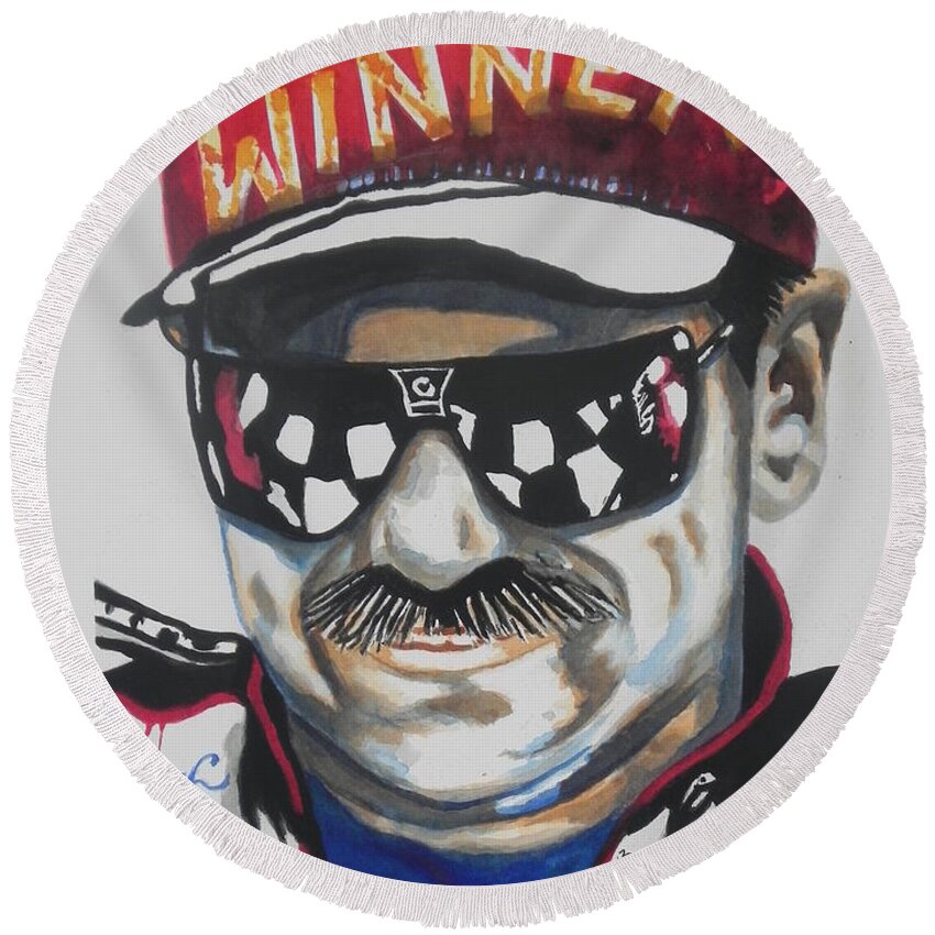 Watercolor Painting Round Beach Towel featuring the painting Dale Earnhardt Sr by Chrisann Ellis