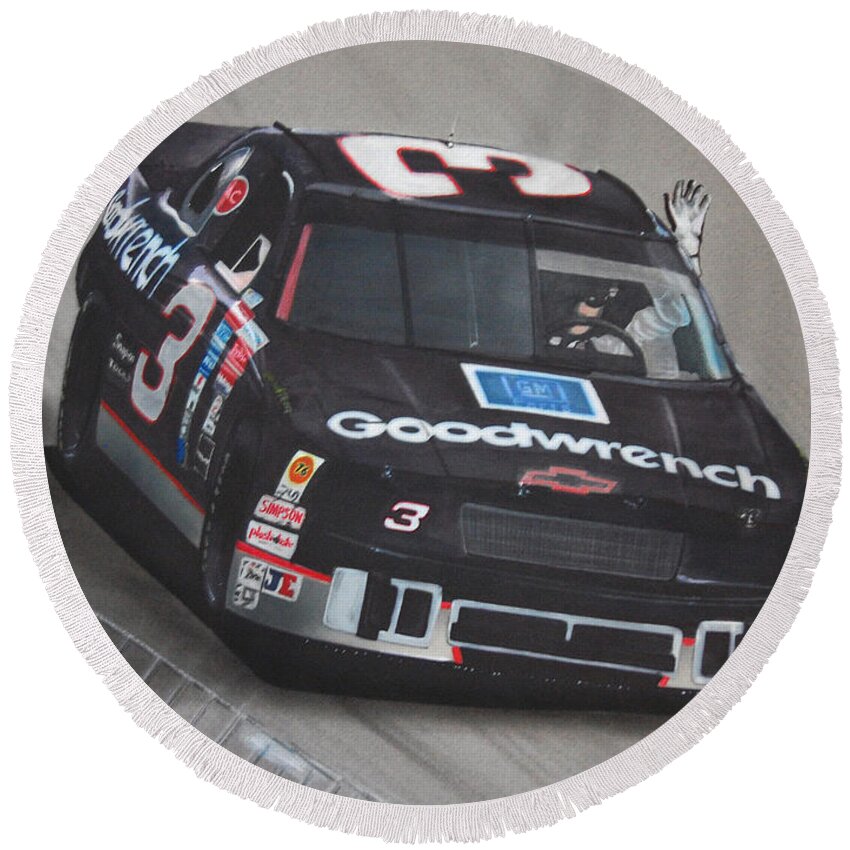 Car Round Beach Towel featuring the drawing Dale Earnhardt Wins-Wave to the Crowd by Paul Kuras