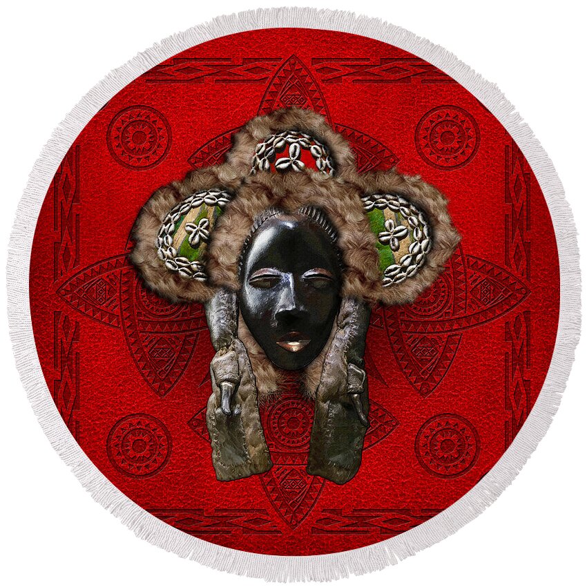 'treasures Of Africa' Collection By Serge Averbukh Round Beach Towel featuring the digital art Dan Dean-Gle Mask of the Ivory Coast and Liberia on Red Leather by Serge Averbukh