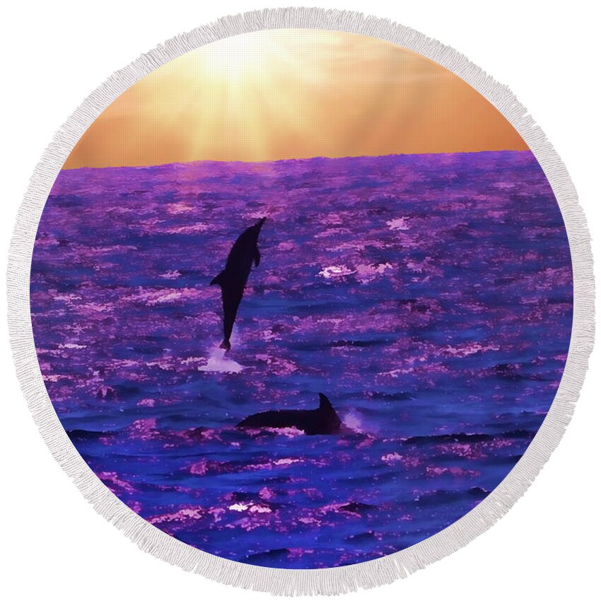 Dana Point Round Beach Towel featuring the photograph Dana Point CA Dolphins HDR Oil by Tommy Anderson