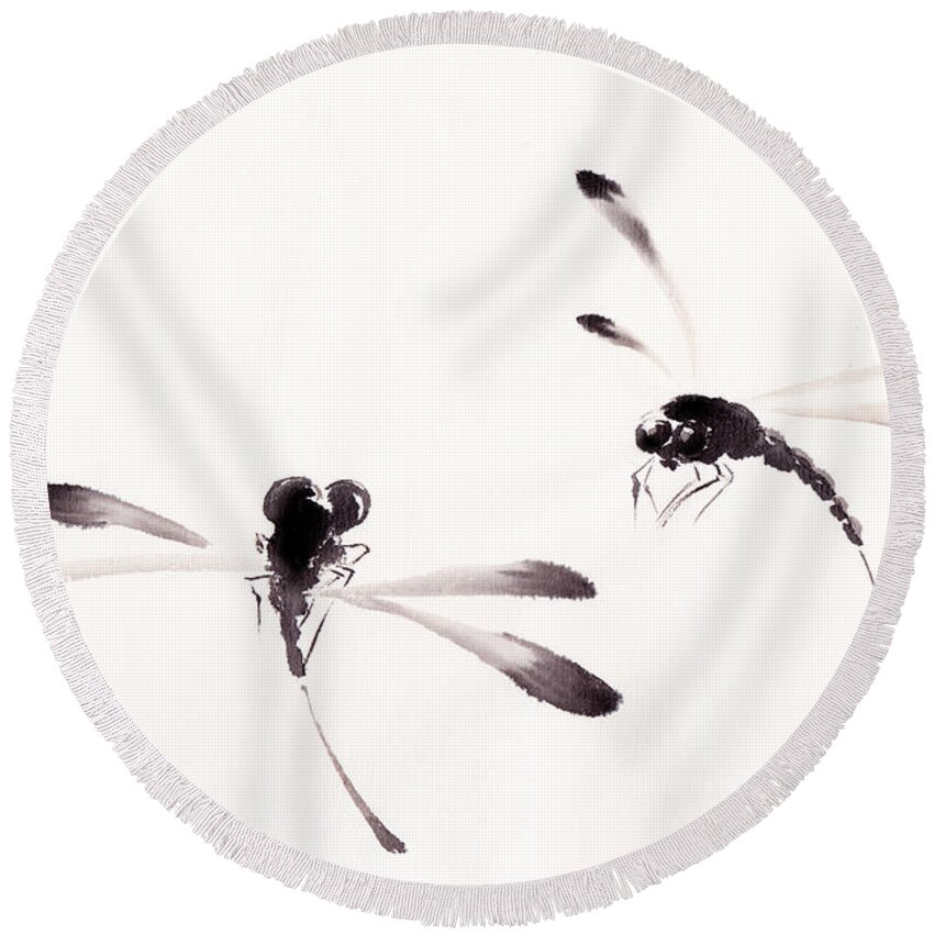 Dragonfly Round Beach Towel featuring the painting Dance of the Dragonflies by Oiyee At Oystudio
