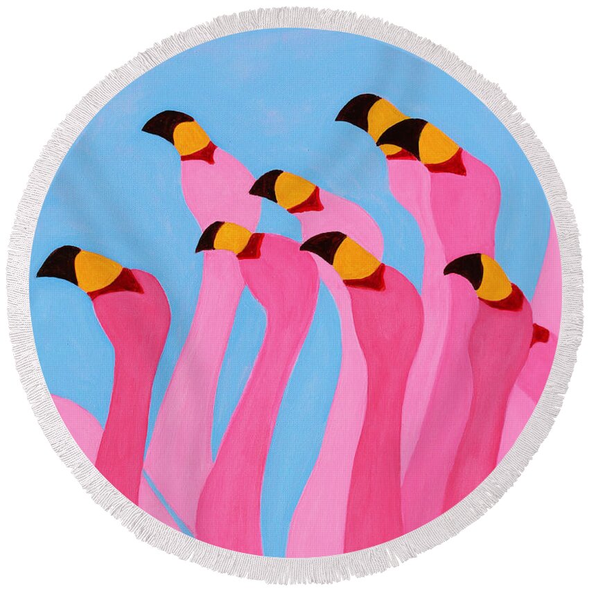 Flamingo Round Beach Towel featuring the painting Dancing Flamingos by Xueling Zou