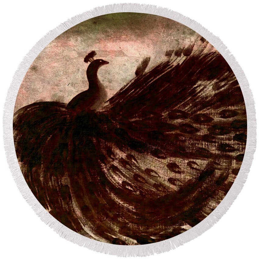 Gray Round Beach Towel featuring the painting DANCING PEACOCK grey by Anita Lewis