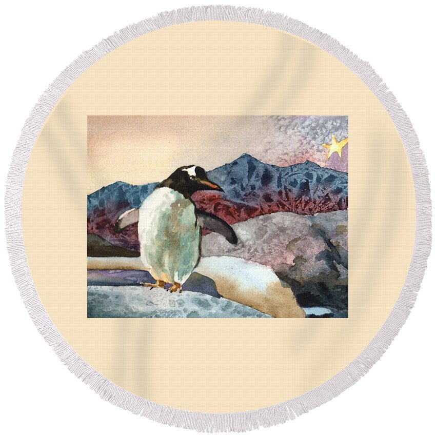 Penguin Painting Round Beach Towel featuring the painting Dancing Penguin by Anne Gifford