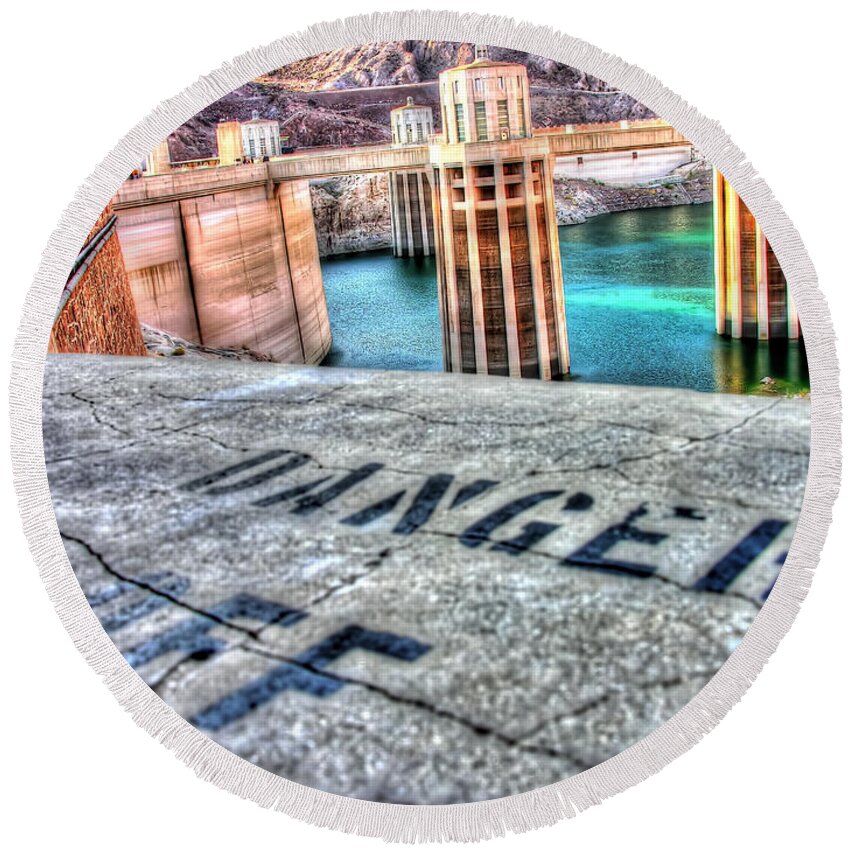 Hoover Dam Round Beach Towel featuring the photograph Danger by Adam Vance