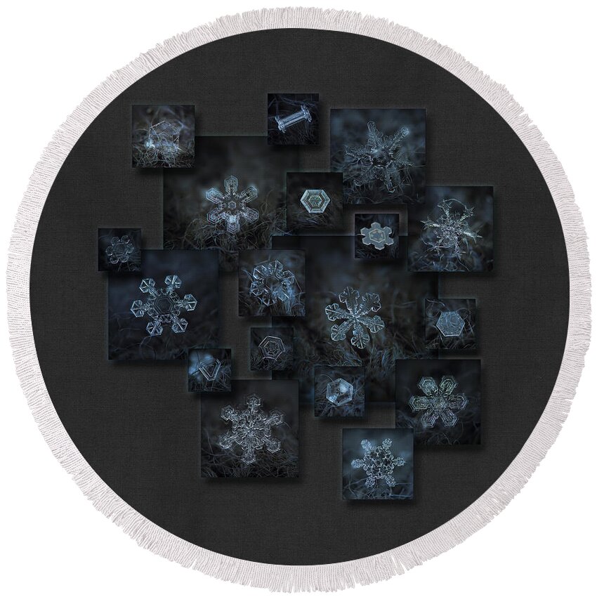 Snowflake Round Beach Towel featuring the photograph Snowflake collage - Dark crystals 2012-2014 by Alexey Kljatov