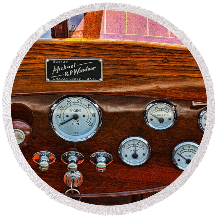 Dashboard Round Beach Towel featuring the photograph Dashboard in a classic wooden boat by Les Palenik