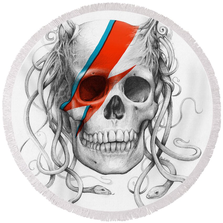 David Bowie Round Beach Towel featuring the drawing David Bowie Aladdin Sane Medusa Skull by Olga Shvartsur