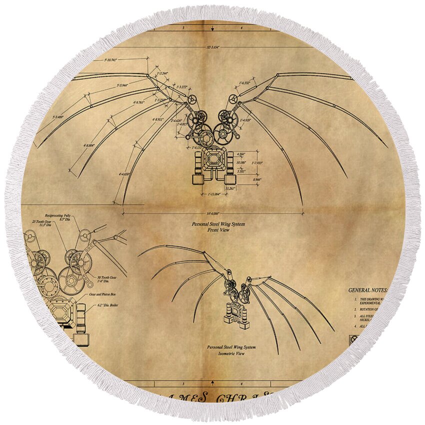 Steampunk; Gears; Housing; Cogs; Machinery; Lathe; Columns; Brass; Copper; Gold; Ratio; Rotation; Elegant; Forge; Industry Round Beach Towel featuring the painting DaVinci's Wings by James Hill
