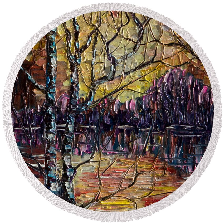 Impasto Round Beach Towel featuring the painting A beautiful sunset that was mistaken for a dawn by OLena Art by Lena Owens - Vibrant DESIGN