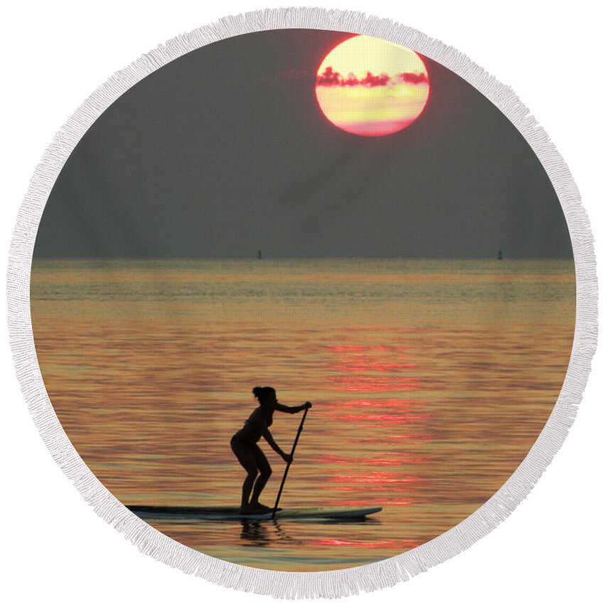 Surfer Round Beach Towel featuring the photograph Dawn Paddler by Mike Kling