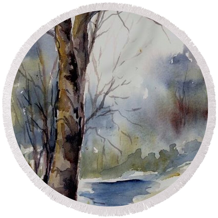 Winter Round Beach Towel featuring the painting Misty Winter Wood by Virginia Potter
