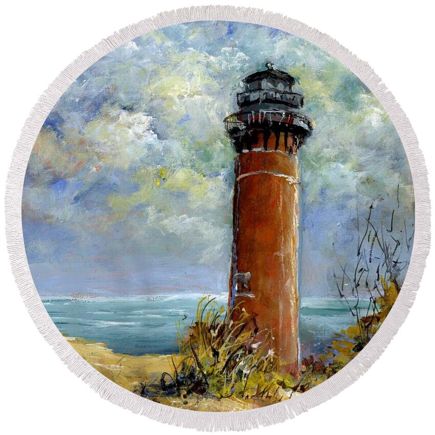 Lighthouse Round Beach Towel featuring the painting Little Au Sable Point Lighthouse Michigan by Virginia Potter