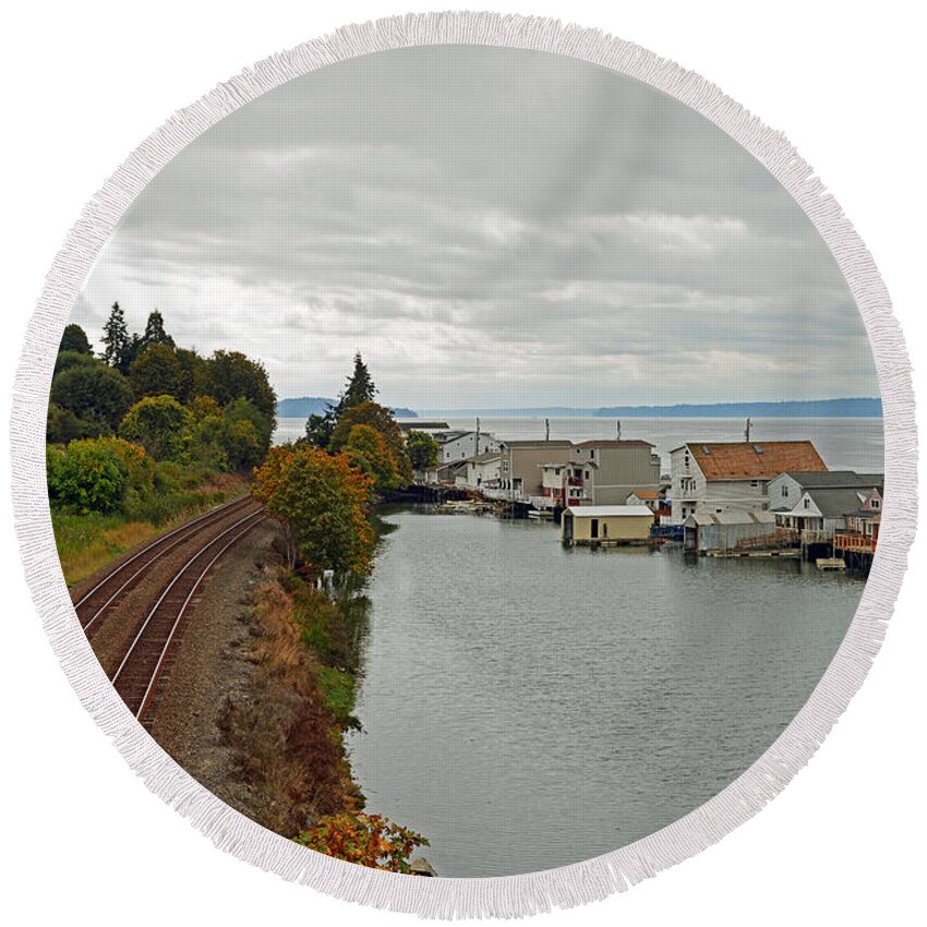 Fall Round Beach Towel featuring the photograph Day Island Bridge View 3 by Anthony Baatz