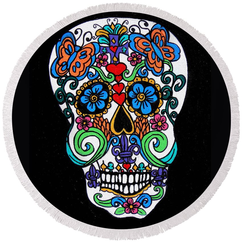 Skull Round Beach Towel featuring the painting Day Of The Dead Skull by Genevieve Esson