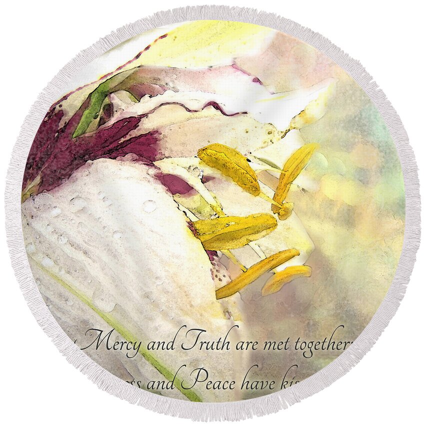 Nature Round Beach Towel featuring the photograph Daylily photoart with verse by Debbie Portwood