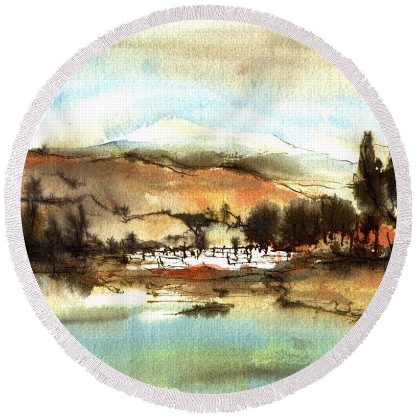 Landscape Watercolor Round Beach Towel featuring the painting Delta view by Karina Plachetka
