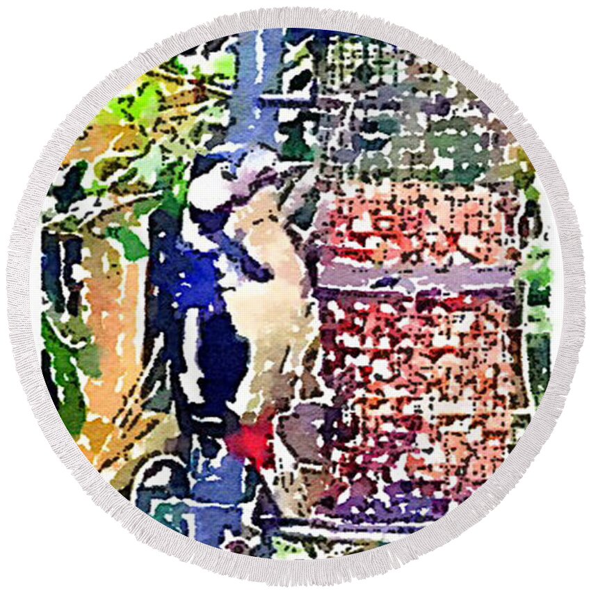 British Birds Round Beach Towel featuring the painting Dendrocopos major 'Great Spotted Woodpecker' by Vix Edwards
