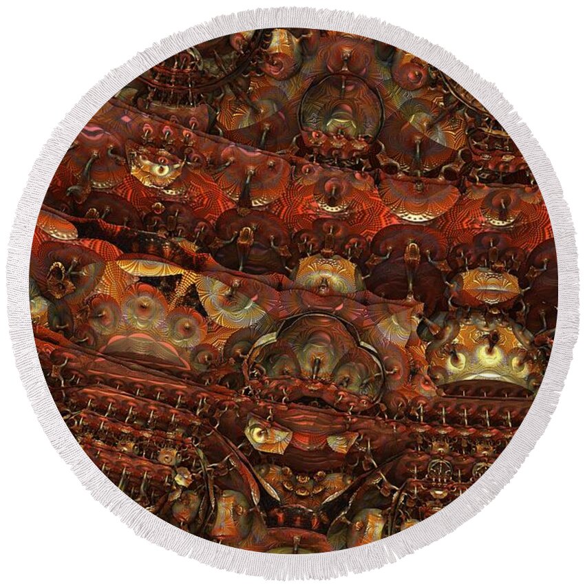 Fractal Hell Haedes Underworld Fantasy Imagination Abstract Detailed Intricate 3d Mandelbulb Round Beach Towel featuring the digital art Dens of Haedes by Lyle Hatch