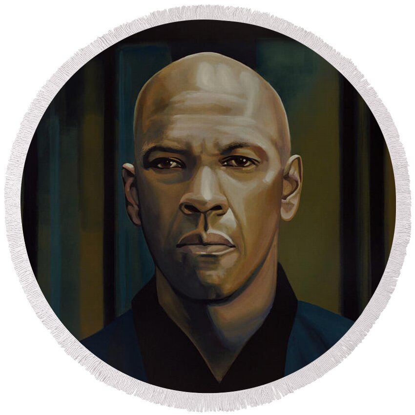 Denzel Washington Round Beach Towel featuring the painting Denzel Washington in The Equalizer Painting by Paul Meijering