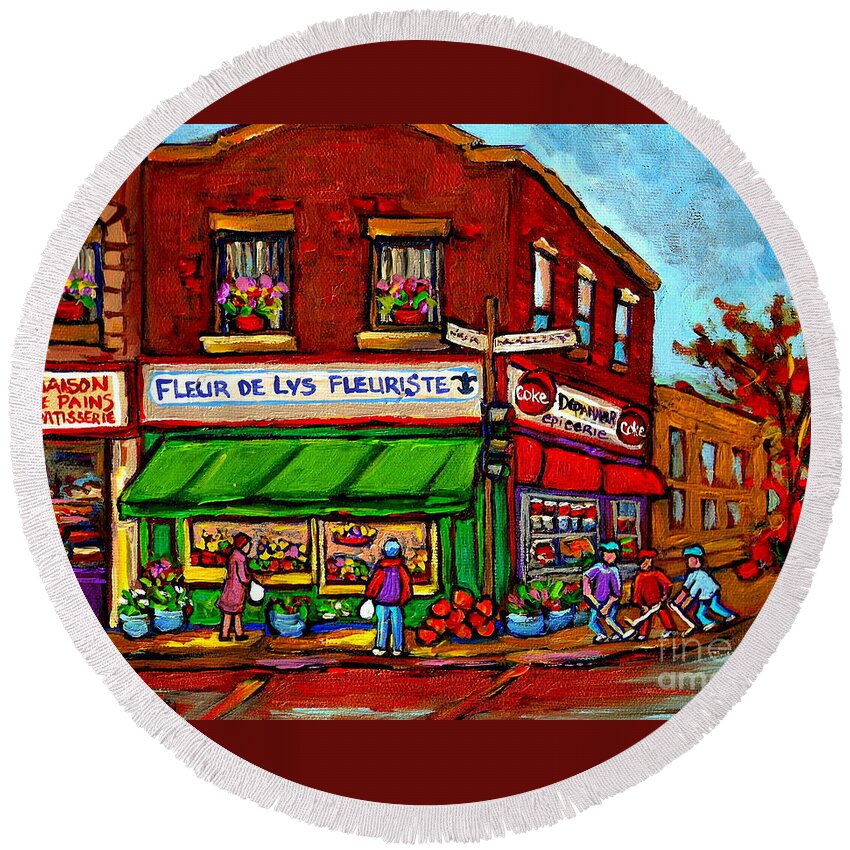 Maison De Pain Round Beach Towel featuring the painting Depanneur Maison De Pain Patisserie Fleuriste Fruits Montreal Paintings Street Hockey City Scenes by Carole Spandau