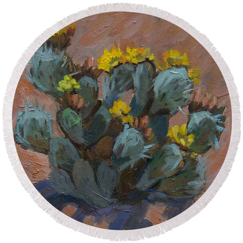 Prickly Pear Round Beach Towel featuring the painting Desert Prickly Pear Cactus by Diane McClary