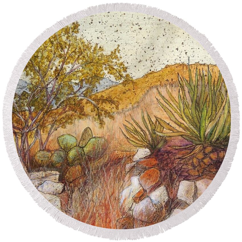 Landscape Round Beach Towel featuring the painting Desert Vegetation by Candy Mayer
