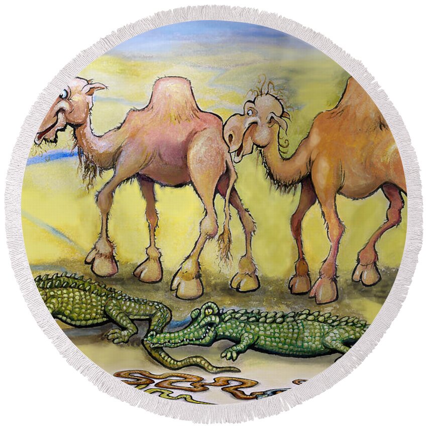 Camel Round Beach Towel featuring the painting Desert Beasts by Kevin Middleton