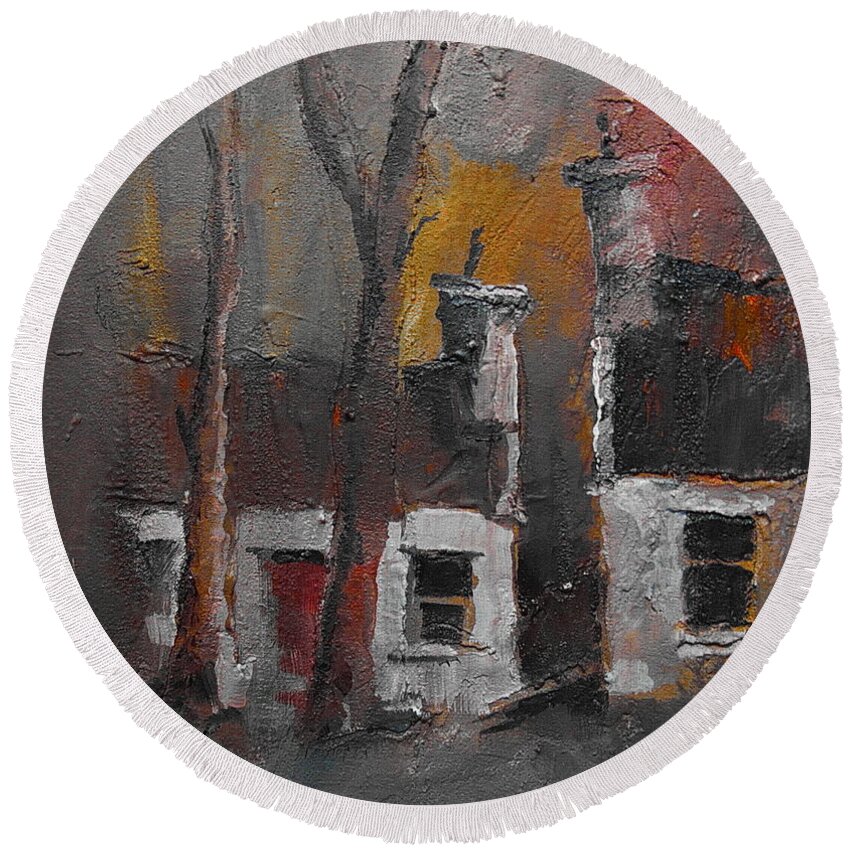 Val Byrne Round Beach Towel featuring the painting Detached Cottages dusk by Val Byrne
