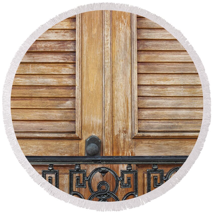 Balcony Round Beach Towel featuring the photograph Detail Of Wooden Door And Wrought Iron in Old San Juan Puerto Ric by Bryan Mullennix