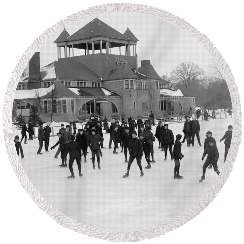 Detroit Round Beach Towel featuring the photograph Detroit Michigan Skating at Belle Isle by Anonymous