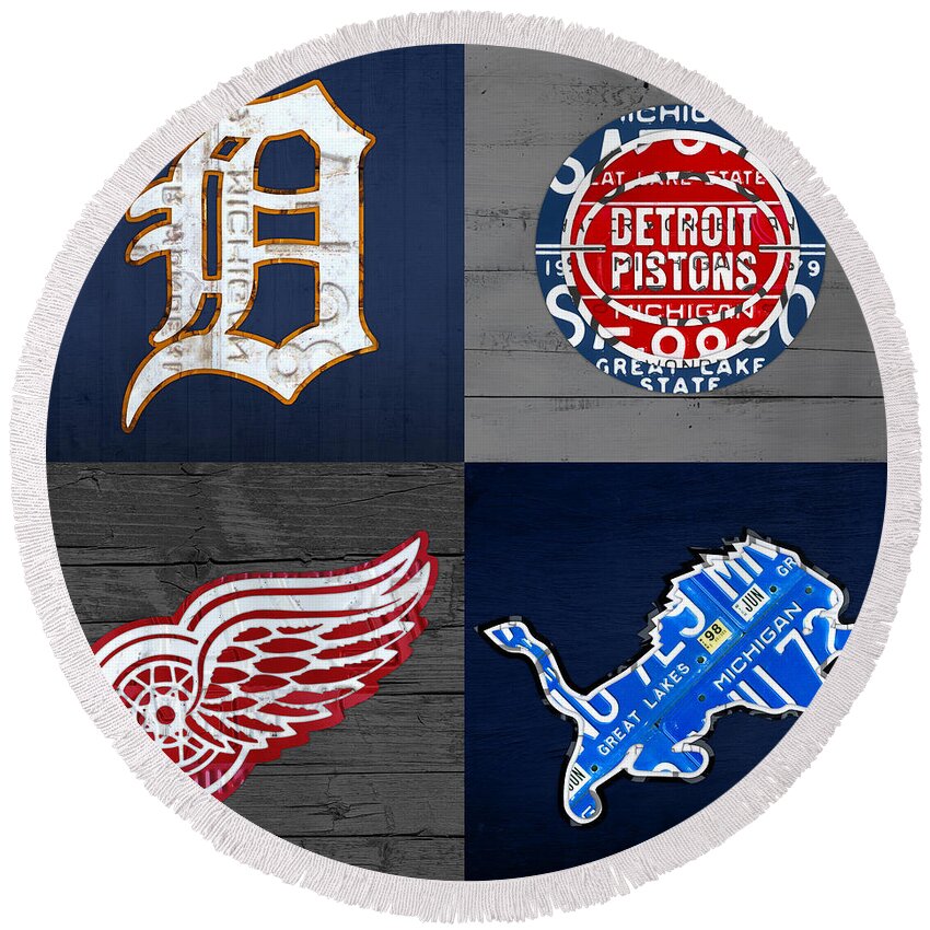 Detroit Round Beach Towel featuring the mixed media Detroit Sports Fan Recycled Vintage Michigan License Plate Art Tigers Pistons Red Wings Lions by Design Turnpike