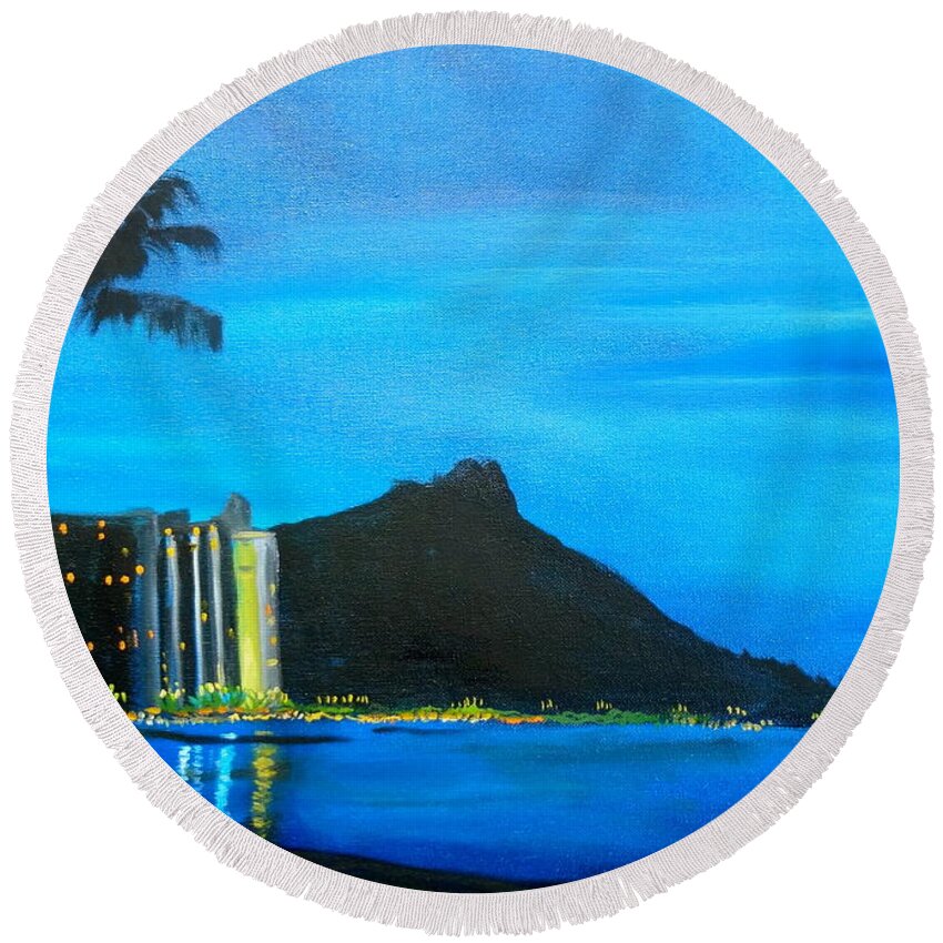 Tropical Island Round Beach Towel featuring the painting Diamond Head Reflections Jenny Lee Discount by Jenny Lee