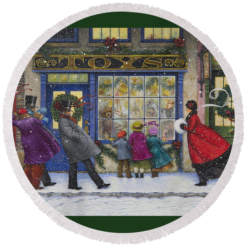 Christmas Round Beach Towel featuring the painting The Toy Shop by Lynn Bywaters