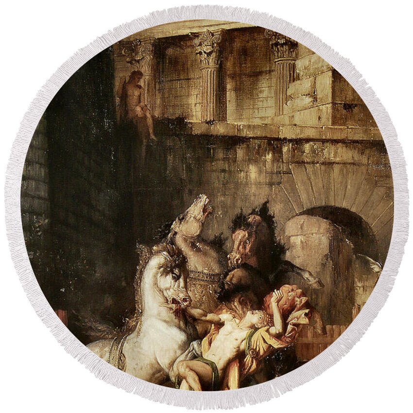 Gustave Moreau Round Beach Towel featuring the painting Diomedes Devoured by his Horses by Gustave Moreau