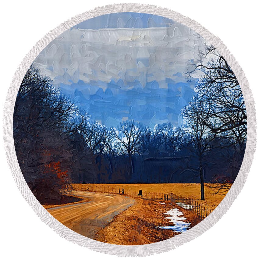 Country Round Beach Towel featuring the painting Dirt Road by Kirt Tisdale