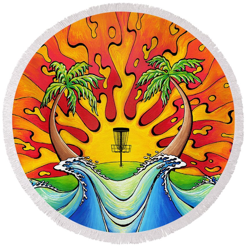 Disc Round Beach Towel featuring the painting Disc Golfers Paradise by Adam Johnson