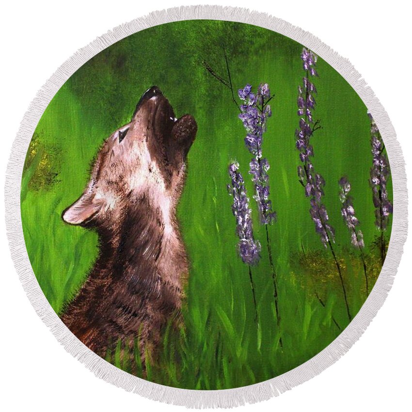 Wolf Pup Round Beach Towel featuring the painting Discovering His Voice by Bev Conover