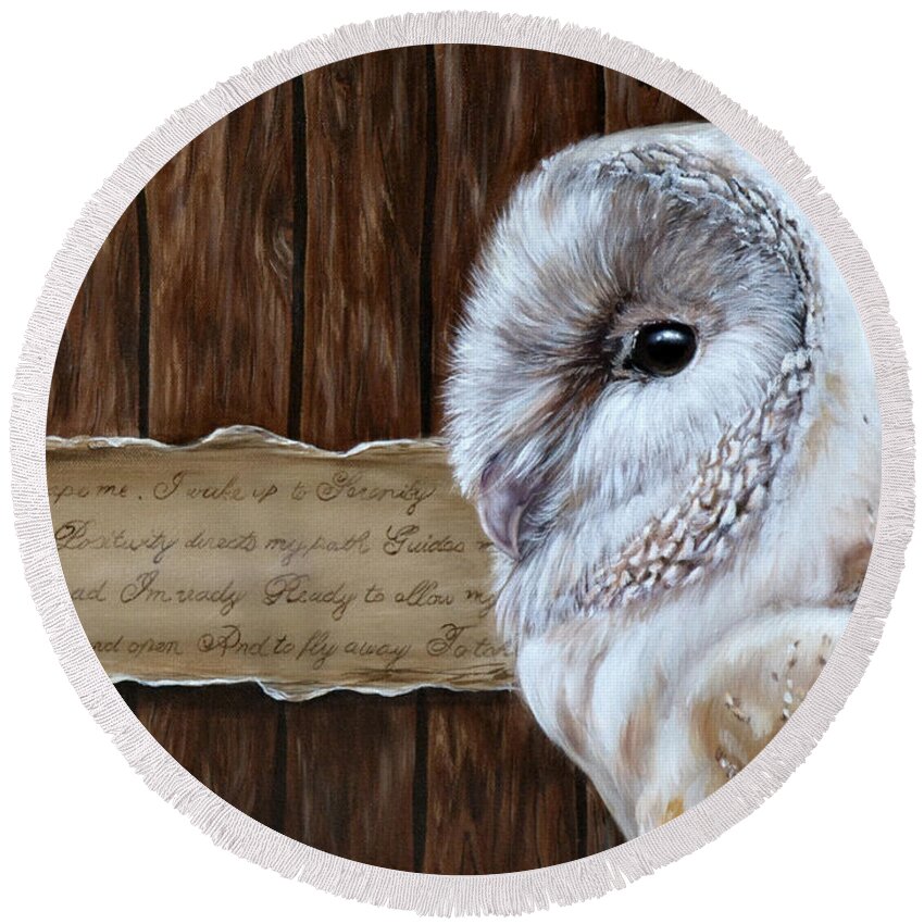 Barn Owl Round Beach Towel featuring the painting Divinity by Lachri