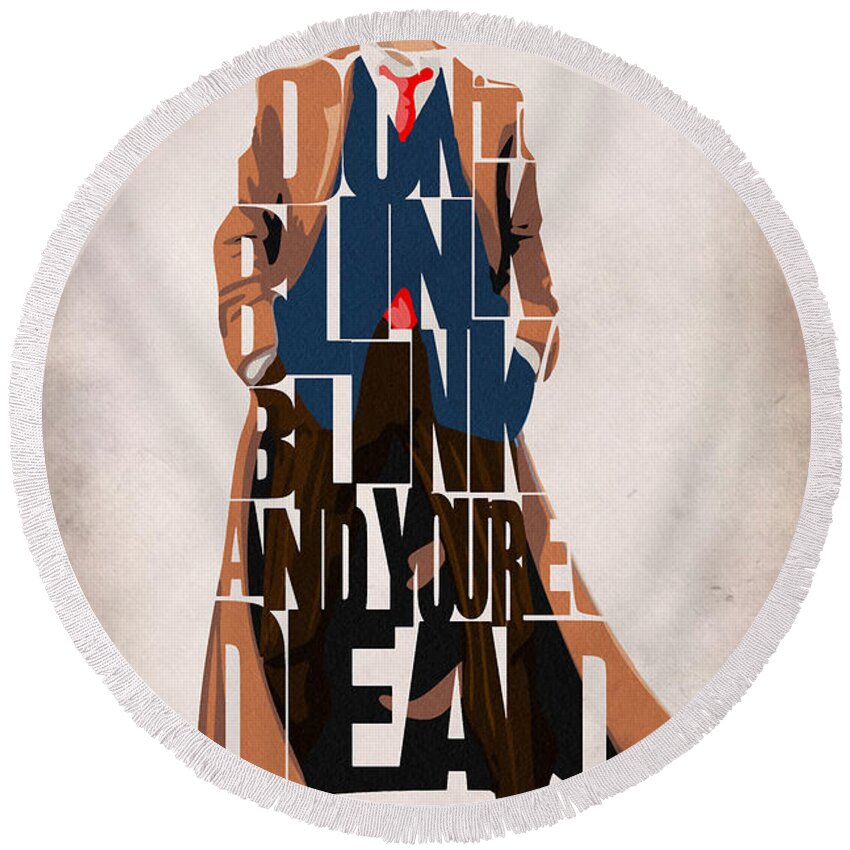 Doctor Who Round Beach Towel featuring the painting Doctor Who Inspired Tenth Doctor's Typographic Artwork by Inspirowl Design