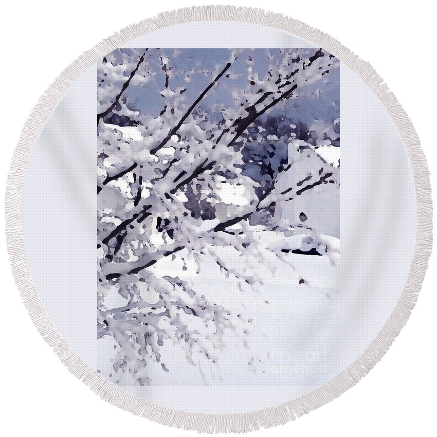 Snow Round Beach Towel featuring the digital art Dogwood in the snow by Lynellen Nielsen