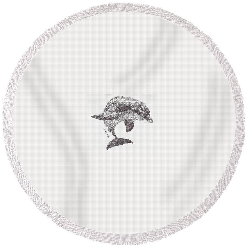 Dolphin Swimming Round Beach Towel featuring the drawing Dolphin by Michael Volpicelli