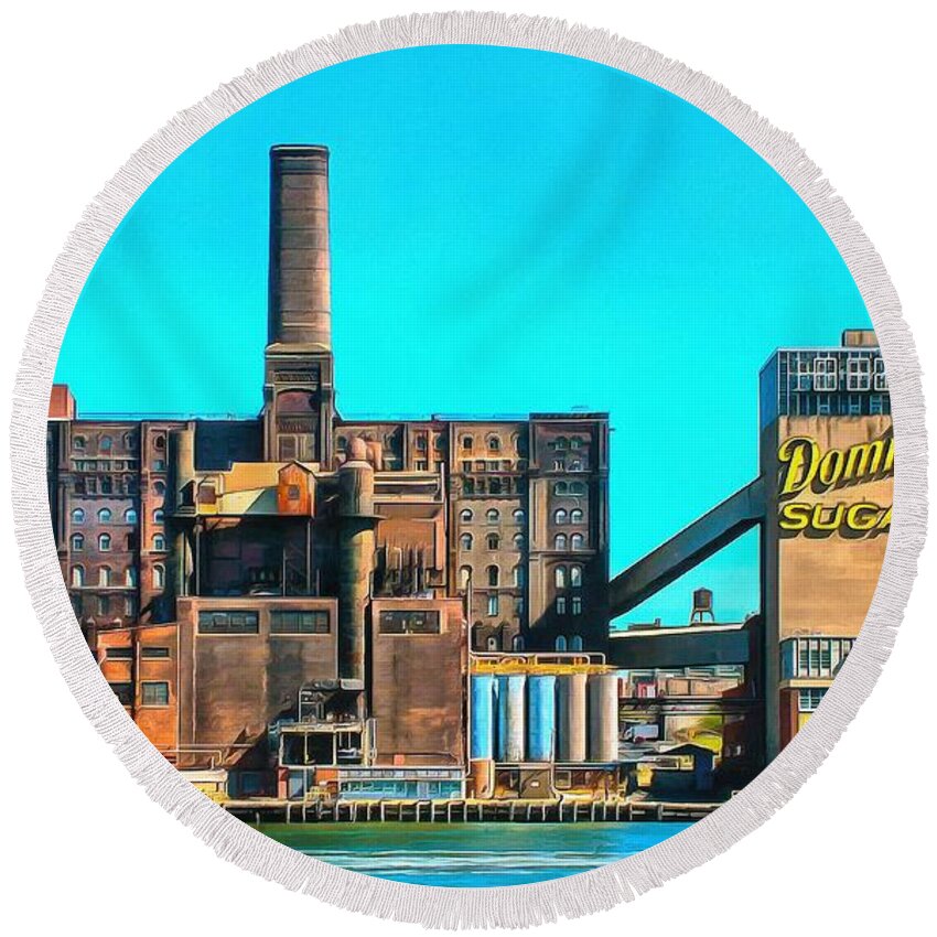 Big Apple Round Beach Towel featuring the photograph Domino Sugar Factory by Mick Flynn