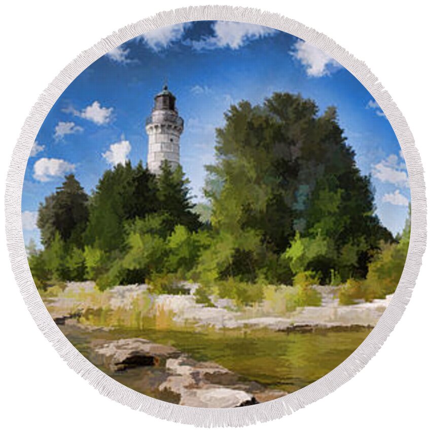 Door County Round Beach Towel featuring the painting Door County Cana Island Lighthouse Panorama by Christopher Arndt
